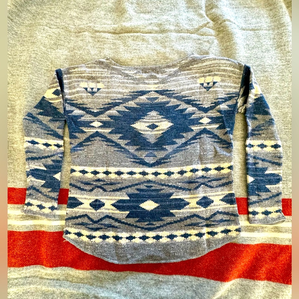 Denim and Supply Women’s Sweater in a Native pattern. Blue/Gray/Cream.